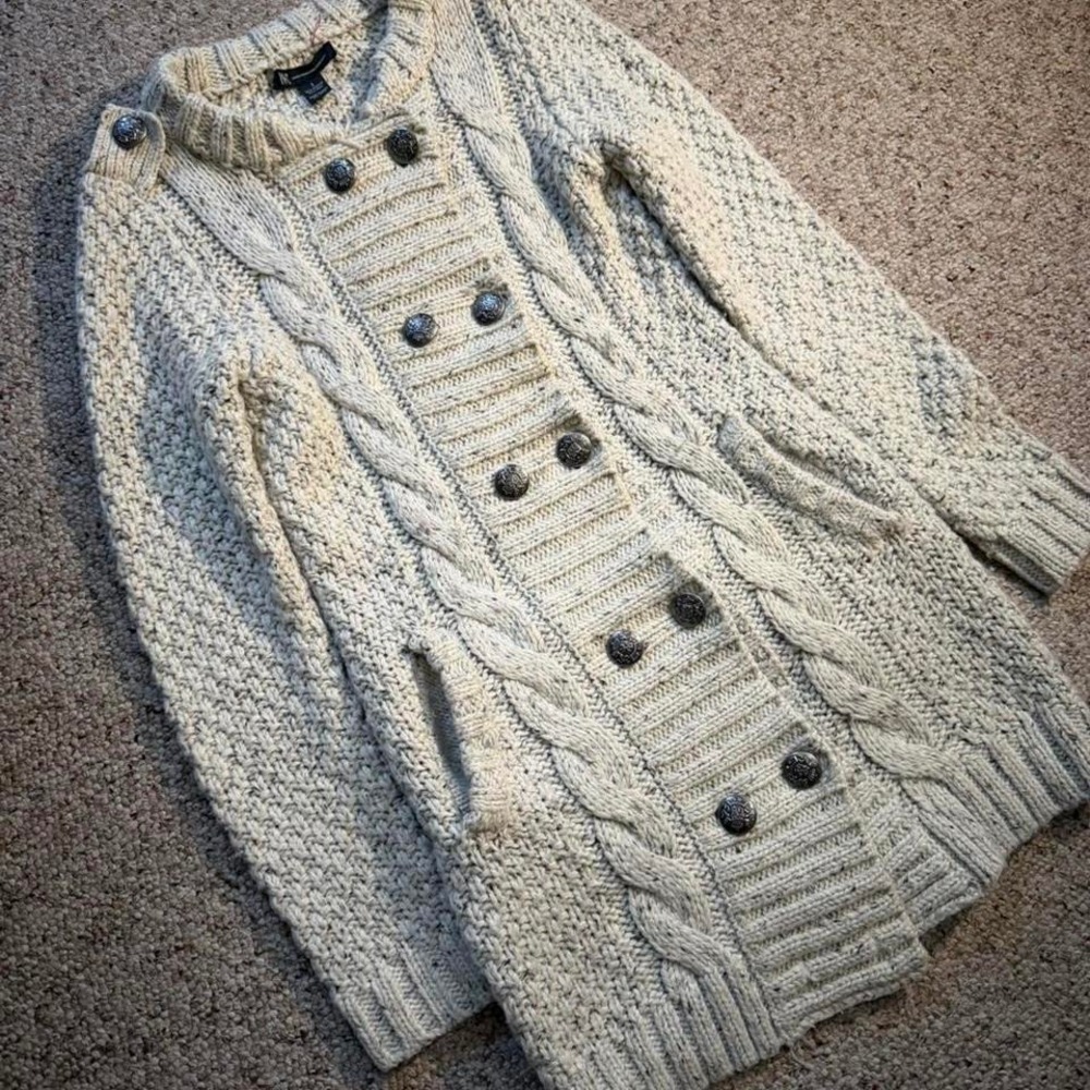 Cream Cable Knit Cardigan‎ Black Buttons Size S Cozy Winter Grandma Core